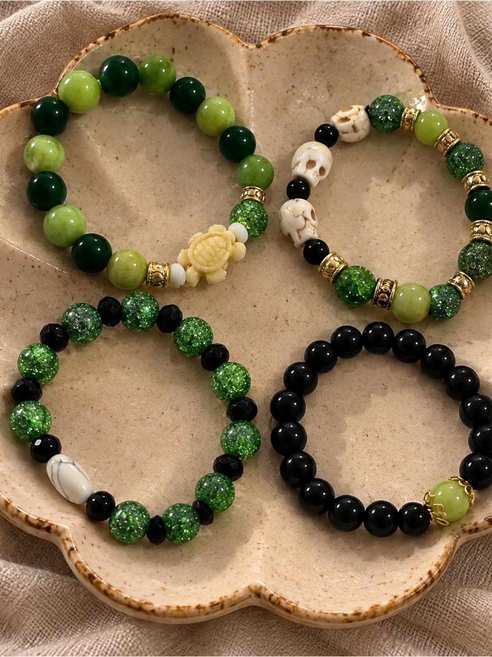 Green & Black Beaded Stretch Bracelet Set — Slytherin Stack